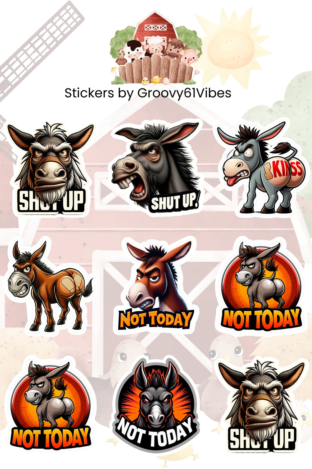 Angry Stubborn Mule Not Today Vinyl Glossy Stickers Sheet - 4.5