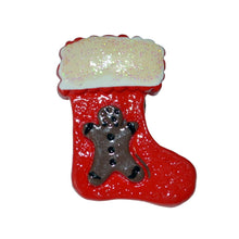 Load image into Gallery viewer, Christmas Holiday Brooch Red Stocking with Gingerbead Boy Resin Cabochon Pin
