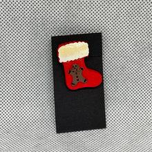 Load image into Gallery viewer, Christmas Holiday Brooch Red Stocking with Gingerbead Boy Resin Cabochon Pin
