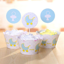 Load image into Gallery viewer, Baby Shower Buggy Stroller Pacifier Cupcake Wrappers and Picks for Birthday Party Decorations (Set of 12)
