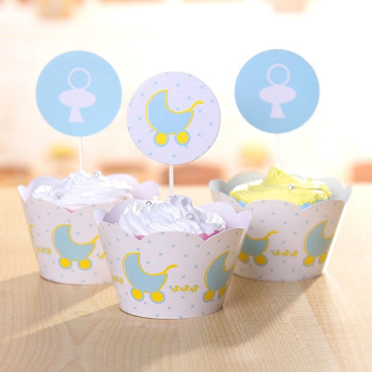 Baby Shower Buggy Stroller Pacifier Cupcake Wrappers and Picks for Birthday Party Decorations (Set of 12)