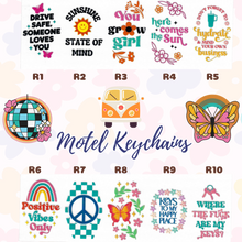 Load image into Gallery viewer, Groovy Peace Inspired Motel Keychains – Retro Charm for Modern Adventures (R1-R10)
