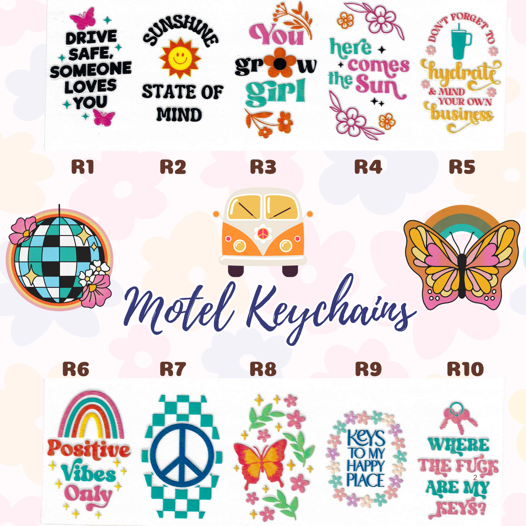 Groovy Peace Inspired Motel Keychains – Retro Charm for Modern Adventures (R1-R10)