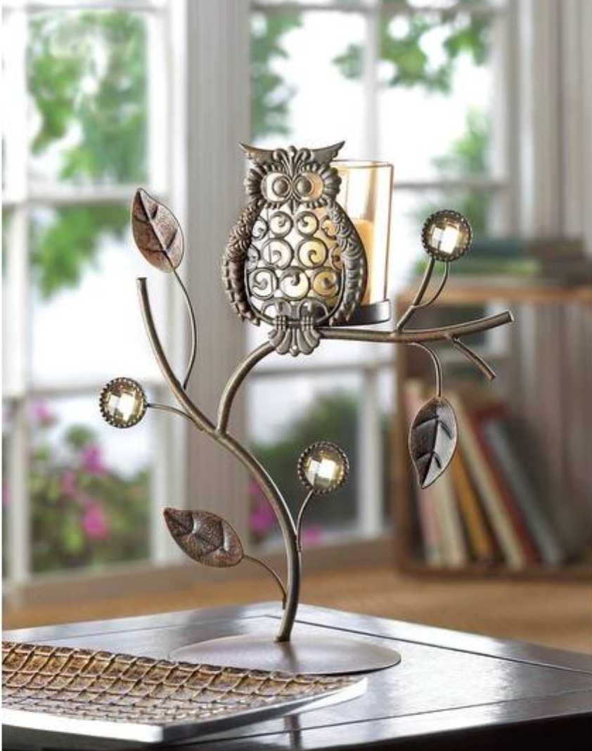 Wise Owl Votive Candleholder Iron and Glass