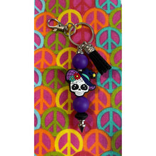 Load image into Gallery viewer, Purple skull keychain with flowers Custom Handmade Bead Bar About 3" Long
