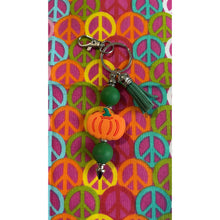 Load image into Gallery viewer, Orange pumpkin keychain with green Custom Handmade Bead Bar About 3" Long
