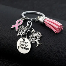 Load image into Gallery viewer, Never Give Up Breast Cancer Awareness Pink Tassel Keychain
