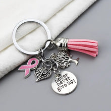 Load image into Gallery viewer, Never Give Up Breast Cancer Awareness Pink Tassel Keychain
