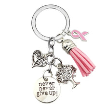 Load image into Gallery viewer, Never Give Up Breast Cancer Awareness Pink Tassel Keychain
