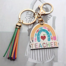 Load image into Gallery viewer, Rainbow Teacher Key Chain with Tassel Gold Tones Painted Wood Lightweight
