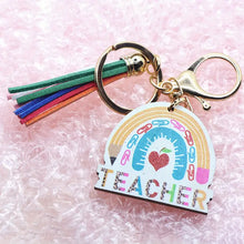 Load image into Gallery viewer, Rainbow Teacher Key Chain with Tassel Gold Tones Painted Wood Lightweight
