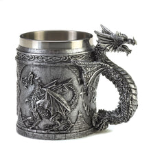 Load image into Gallery viewer, Medieval Inspired Celtic Serpentine Dragon Mug Polyresin and stainless steel
