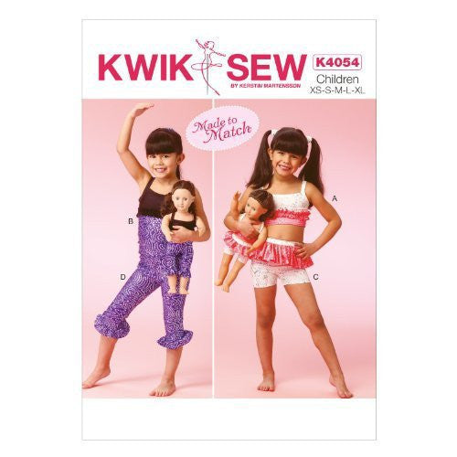 Kwik-Sew K4054 Pattern Girls'/Dolls' Tops, Shorts and Leggings, All Sizes