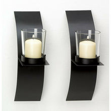 Load image into Gallery viewer, Mod-art Candle Sconce Duo Iron with Glass Cups 2 3/8&quot; x 4 3/4&quot; x 8&quot; H
