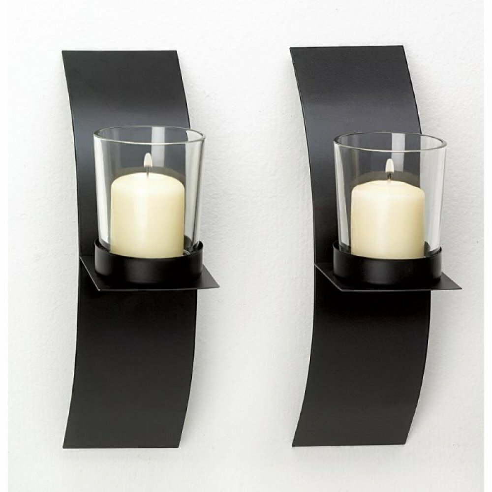 Mod-art Candle Sconce Duo Iron with Glass Cups 2 3/8