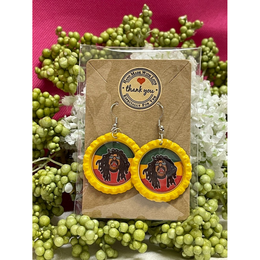 Raggae Shout-out Bottle Cap Retro 60's Dangle Fish-hook Earrings Handcrafted