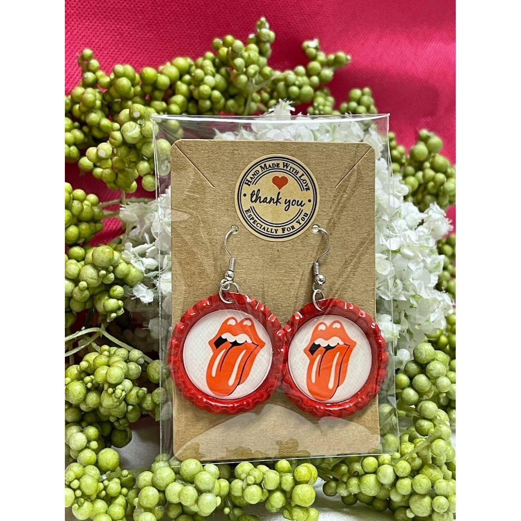 Red Tongue Bottle Cap Retro 60's Dangle Fish-hook Earrings Handcrafted