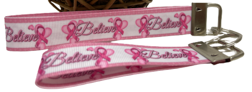 Breast Cancer BELIEVE GrosGrain Ribbon Wristlets Keychains Set