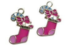 Load image into Gallery viewer, Pink Christmas Stocking Christmas Holiday 2pc Enamel Charms Findings
