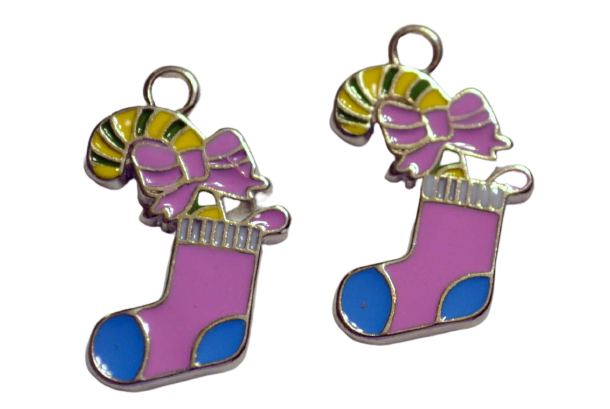 Pink & Blue Christmas Stocking Christmas Holiday 2pc Enamel Charms Findings