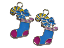 Load image into Gallery viewer, Blue &amp; Fuschia Christmas Stocking 2pc Enamel Charms Findings
