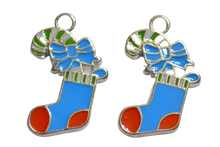 Load image into Gallery viewer, Blue &amp; Red Christmas Stocking Christmas Holiday 2pc Enamel Charms Findings
