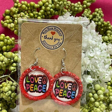 Load image into Gallery viewer, Love &amp; Peace Red Bottle Cap Retro 60&#39;s Dangle Fish-hook Earrings Handcrafted
