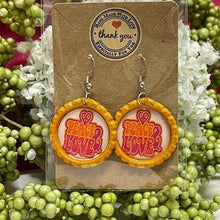 Load image into Gallery viewer, Love &amp; Peace Orange Bottle Cap Retro 60&#39;s Dangle Fish-hook Earrings Handcrafted
