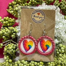 Load image into Gallery viewer, Rainbow Psychedelic Heart Bottle Cap Retro 60&#39;s Dangle Fish-hook Earrings Handcrafted
