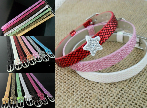 Girls PU Leather 8MM Belt Buckle Glitter Bracelet (Set of 6) Random Color