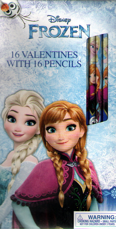 Disney Frozen Movie Anna, Elsa, Olaf 16 Valentines Cards with 16 Pencils NEW