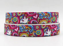 Load image into Gallery viewer, Hippie Pink Peace Symbol White Dove 7/8&quot; Ribbon 3 yards

