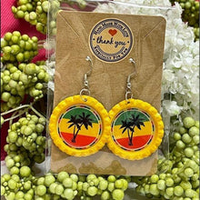 Load image into Gallery viewer, Reggae Palm Tree Bottle Cap Retro 60&#39;s Dangle Fish-hook Earrings Handcrafted
