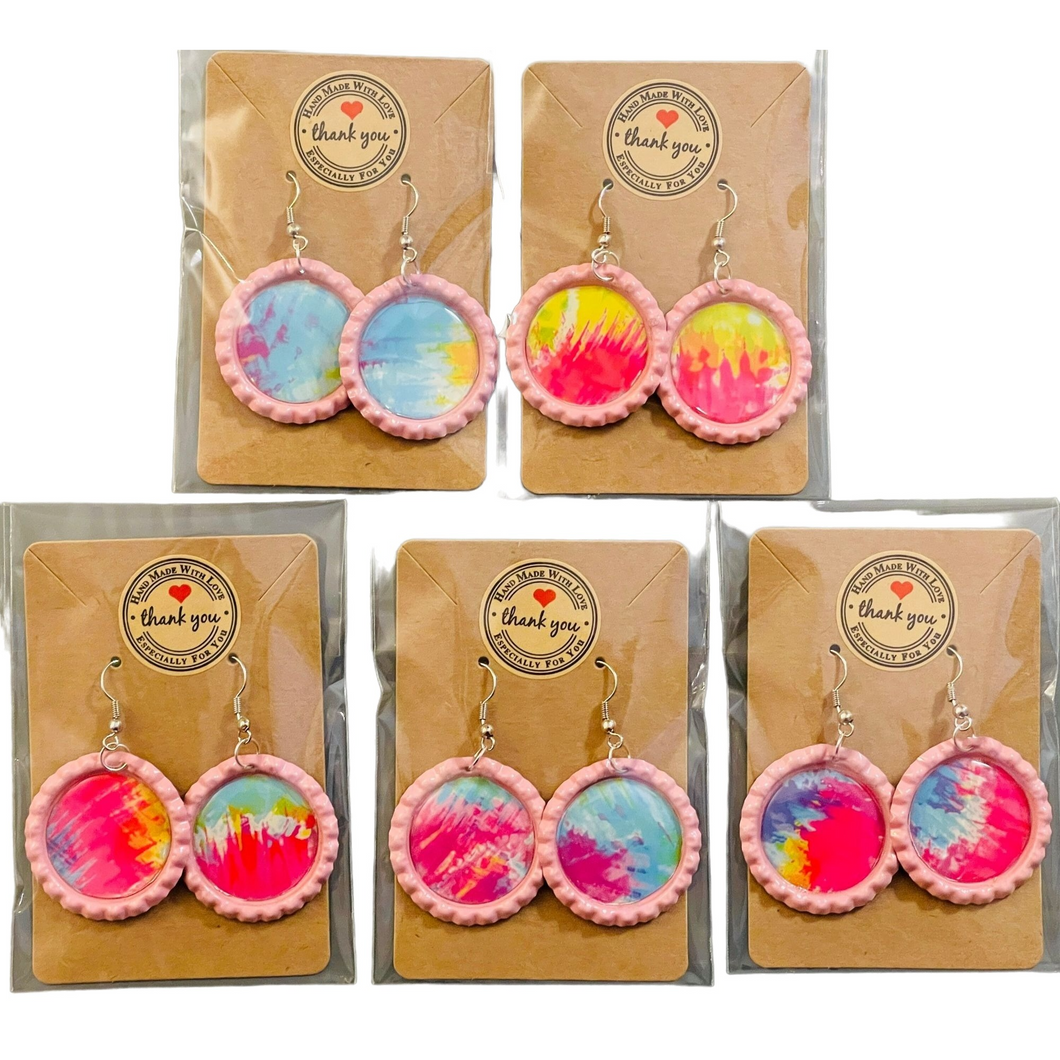 Fish-hook Bottle Cap Earrings Rainbow Psychedelic Tie Dyed Handcrafted