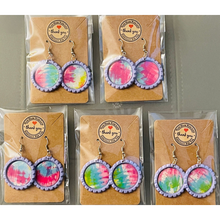 Load image into Gallery viewer, Fish-hook Bottle Cap Earrings Rainbow Psychedelic Tie Dyed Handcrafted
