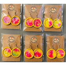 Load image into Gallery viewer, Fish-hook Bottle Cap Earrings Rainbow Psychedelic Tie Dyed Handcrafted
