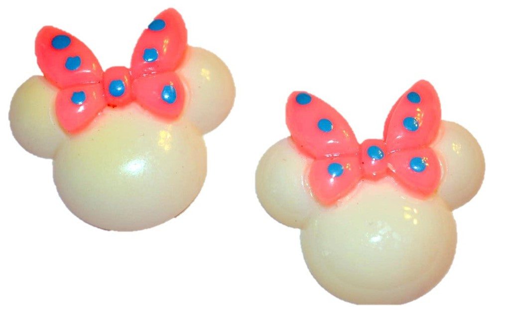 White Mouse Ears Pink Bow Resin Flatback Cabochons Crafts Hair bows (Set of 2)