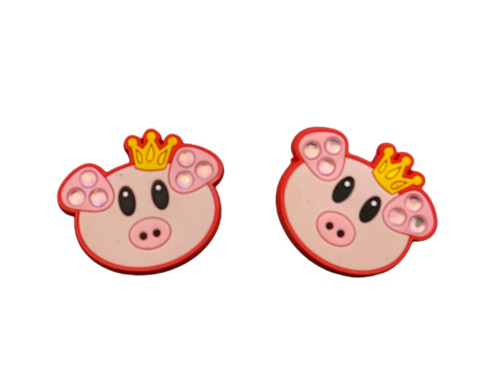 Queen Pig with Crown Rhinestone Ears Shoe Charms for will fit in Clog type shoes with holes (Set of 2)