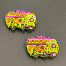 Load image into Gallery viewer, Peace Sign 60s Lime Green Flower Power Bus Van Shoe Charms for will fit in Clog type shoes with holes (Set of 2)
