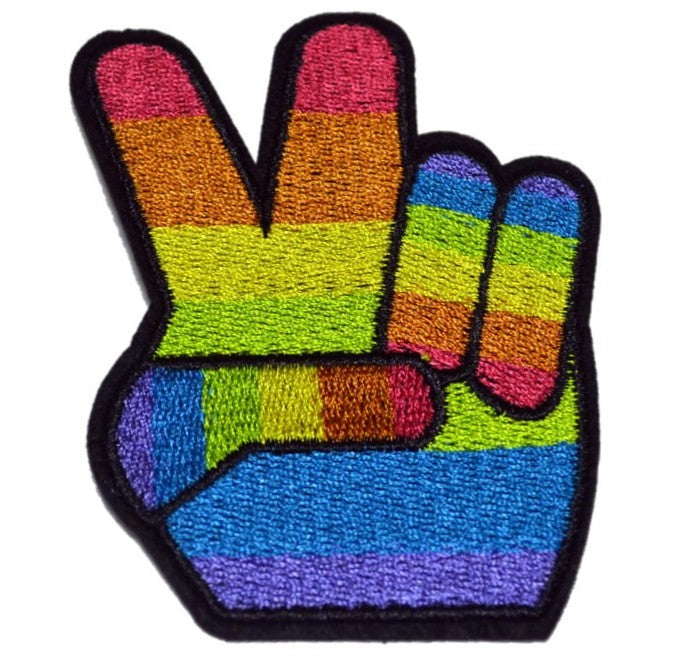 Peace Rainbow Sign Hand Fingers Embroidered Iron on Applique 4.0