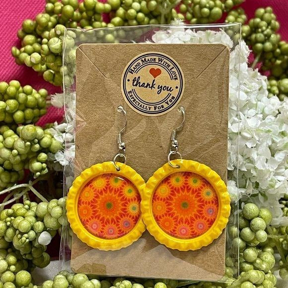 Floral Orange Circles Bottle Cap Retro 60's Dangle Fish-hook Earrings Handcrafted