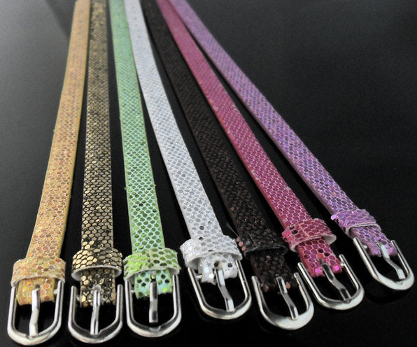 Ladies PU Leather Glitter 8MM Belt Buckle Bracelet (Set of 6 Random Colors)