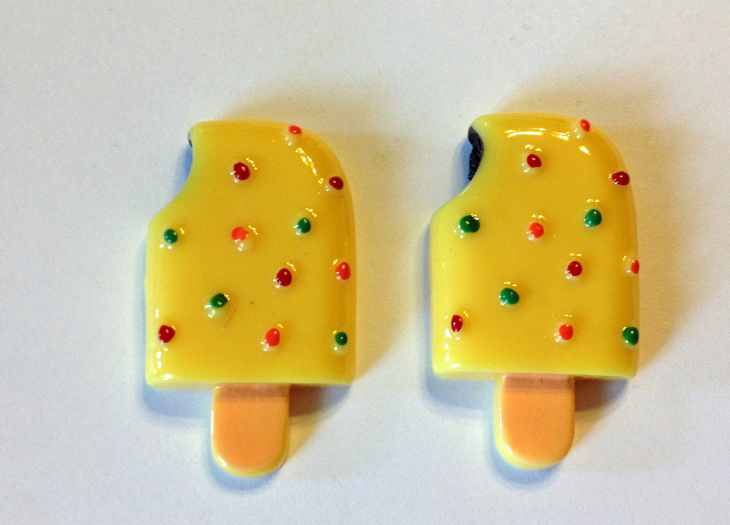 Yellow Ice Cream Popsicle on Stick Resin Flatback Cabochons Crafts Hair bows (Set of 2)