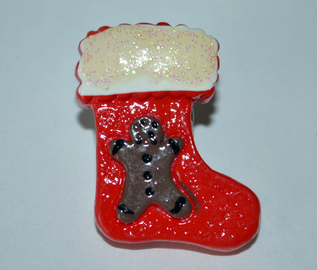Christmas Holiday Brooch Red Stocking with Gingerbead Boy Resin Cabochon Pin