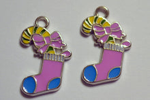 Load image into Gallery viewer, Pink &amp; Blue Christmas Stocking Christmas Holiday 2pc Enamel Charms Findings
