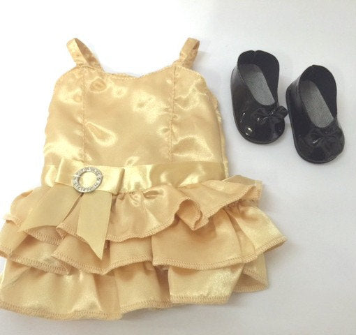 Doll Clothes Holiday Party Gold Mini Party Dress with Shoes Fits most 18