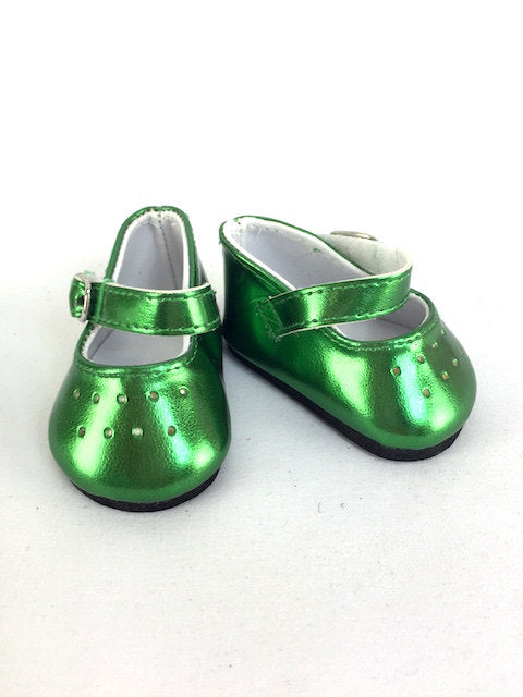 Doll Clothes  Holiday Metallic Green Dress Party Buckle Shoes Fits most 18