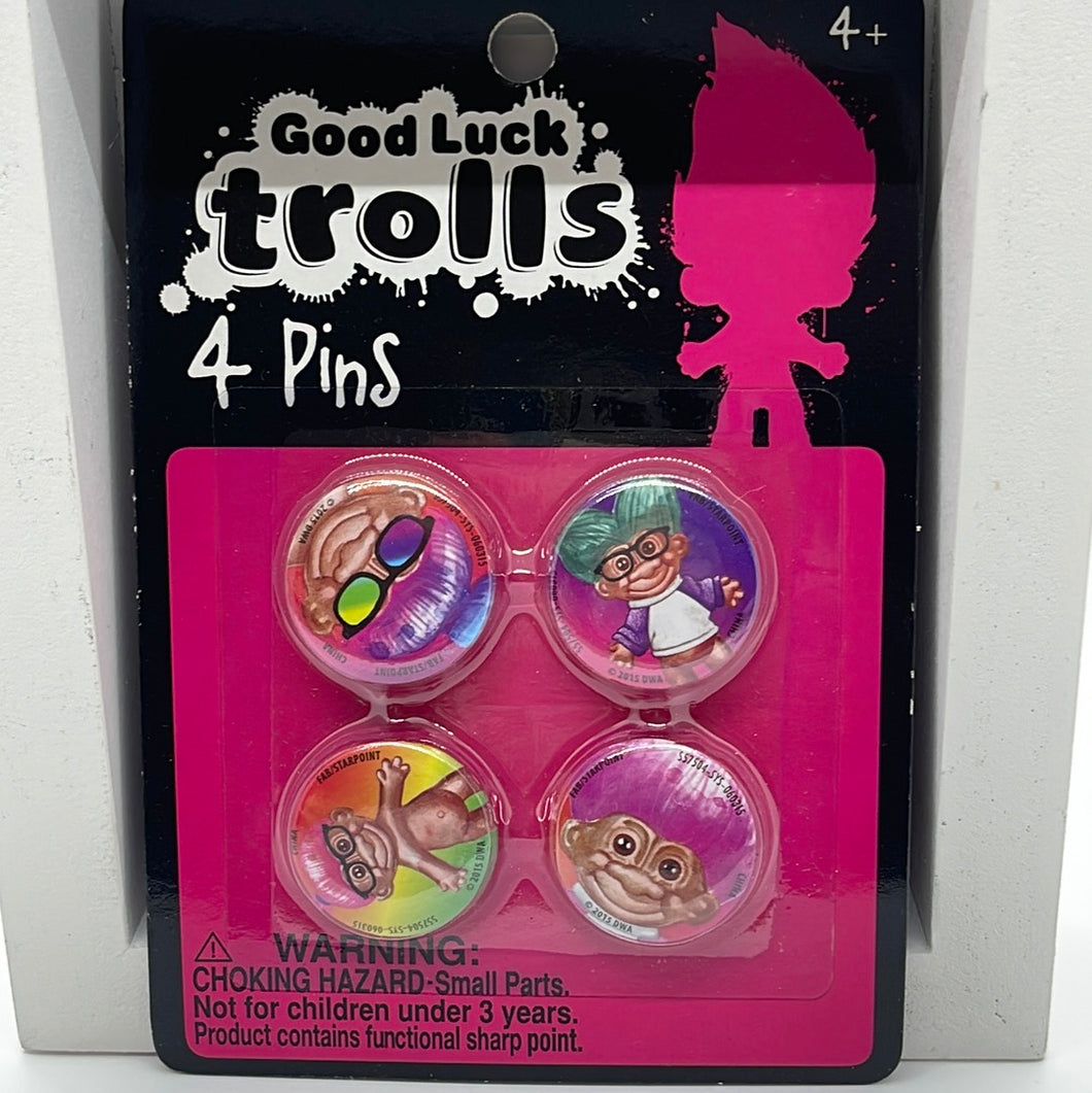 Dreamworks 2015 Pinback Pins Good Luck Trolls Birthday Party Badges Favors  (Set of 4)