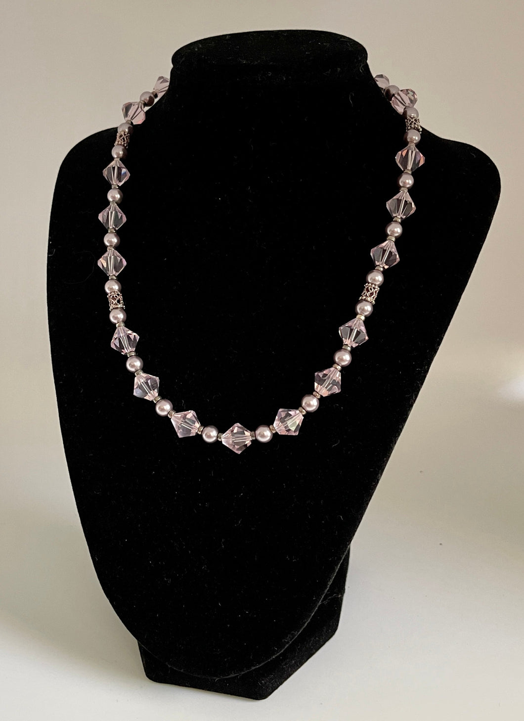 Light Amethyst Austrian Crystals & Pearls 17.5” Necklace with Matching Fish-hook earrings