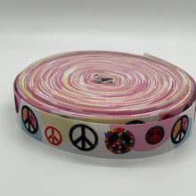 Load image into Gallery viewer, White Hippie Peace Signs and Symbols 7/8&quot; Ribbon 3 yards for Hair Bows
